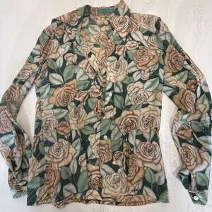 Cacharel Paris Roses Silk Blouse Button Front Vintage 70s Top Small